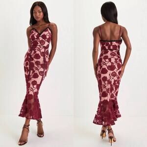 Lulu's Alluring Dream Floral Embroidered Mesh Lace Midi Dress Size S